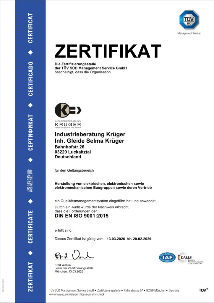 ISO-9001-Zertifikat der Industrieberatung Kr&uuml;ger