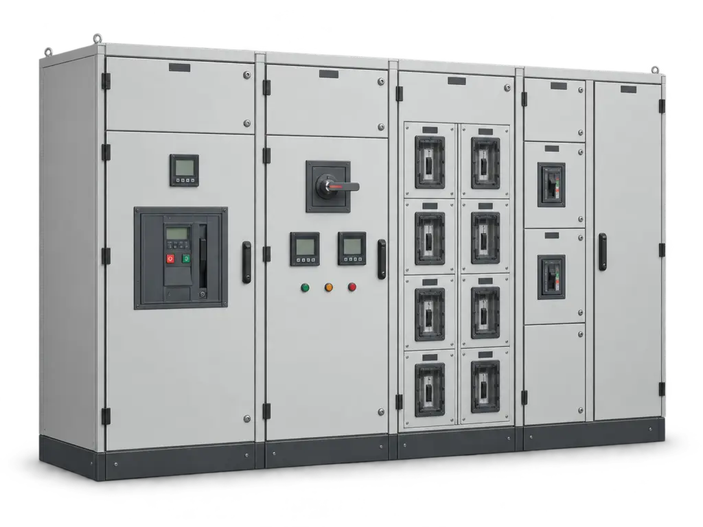 KI-generiertes Beispielbild: Energieverteilungsanlage mit Leistungsschalter und Abgangsfeldern