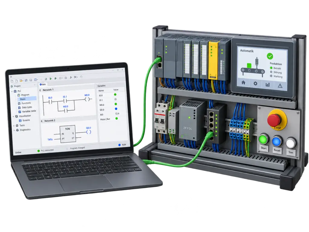 KI-generiertes Beispielbild: Laptop mit SPS-Programm neben einer Steuerung mit Touchpanel